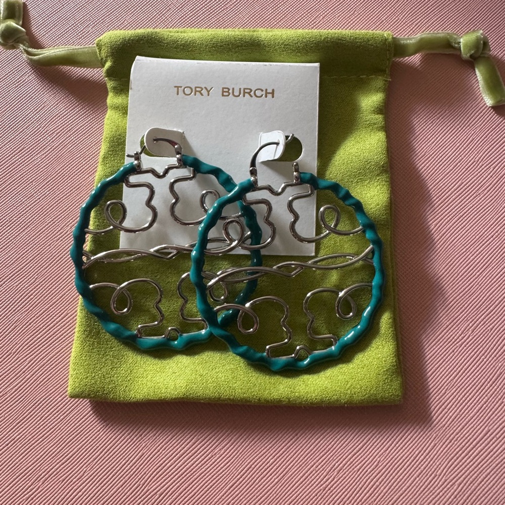 Tory Burch Teal and Silver Hoop Earrings